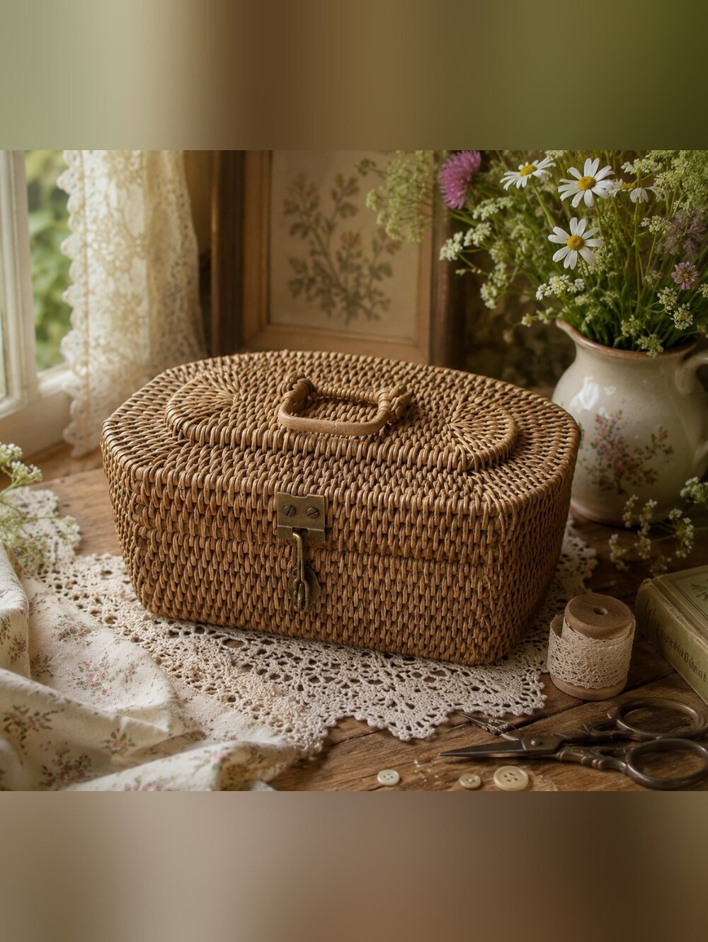 Vintage Handwoven Rattan Sewing or Picnic Case with Brass Latch